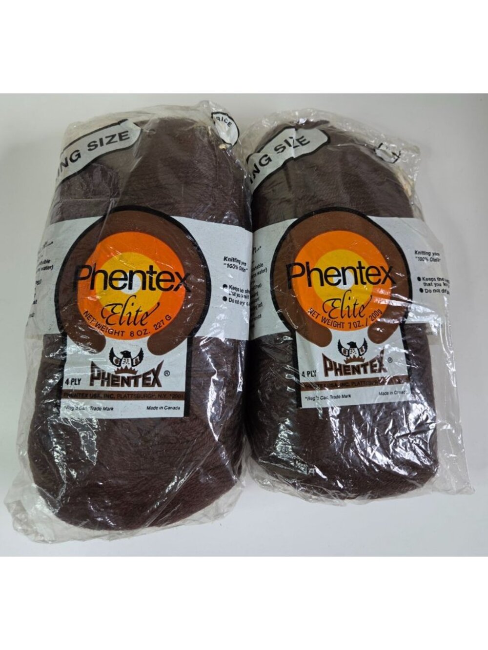 Vtg Phentex Elite Knitting Yarn 4-Ply 8oz Dark Brown Lot Of 2 Made In Canada NOS